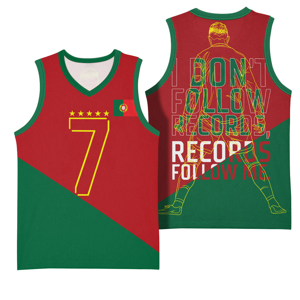 Portugal Football Number 7 GOAT Basketball Jersey Records Follow Me Sports Quote Line Art