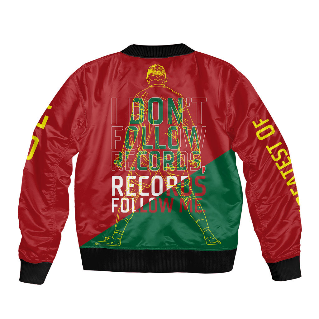 Portugal Football Number 7 GOAT Bomber Jacket Records Follow Me Sports Quote Line Art