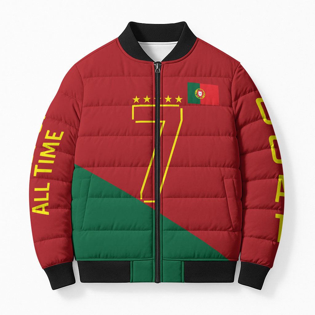 Portugal Football Number 7 GOAT Bomber Puffer Jacket Records Follow Me Sports Quote Line Art