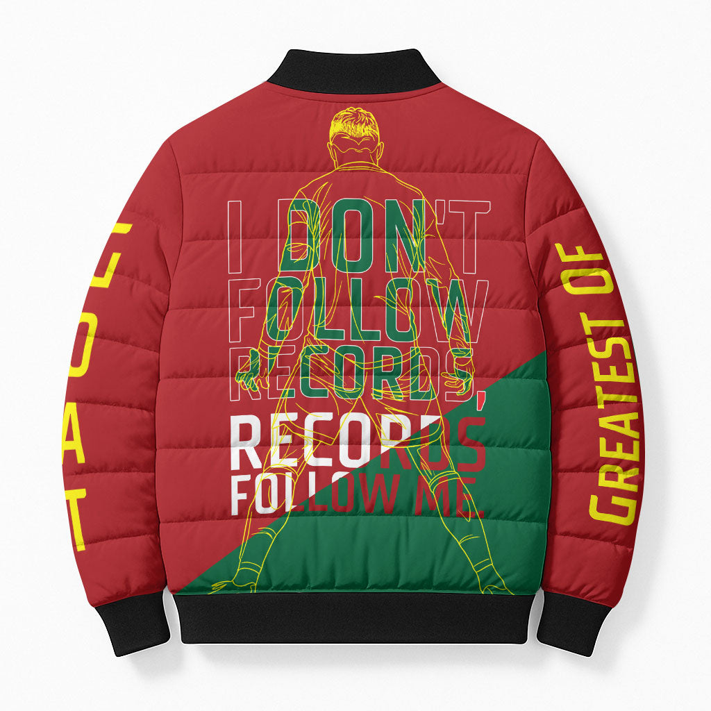 Portugal Football Number 7 GOAT Bomber Puffer Jacket Records Follow Me Sports Quote Line Art