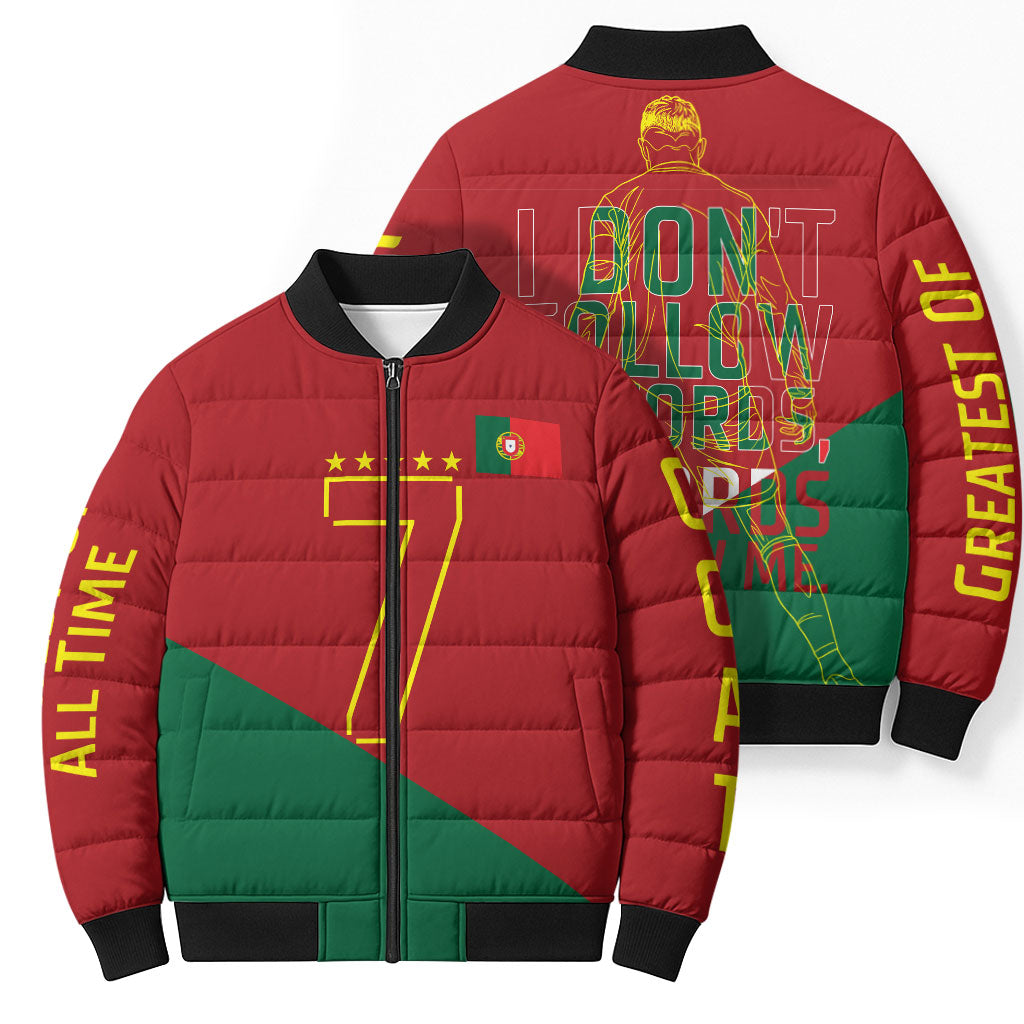 Portugal Football Number 7 GOAT Bomber Puffer Jacket Records Follow Me Sports Quote Line Art