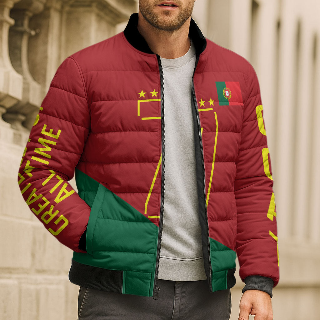 Portugal Football Number 7 GOAT Bomber Puffer Jacket Records Follow Me Sports Quote Line Art