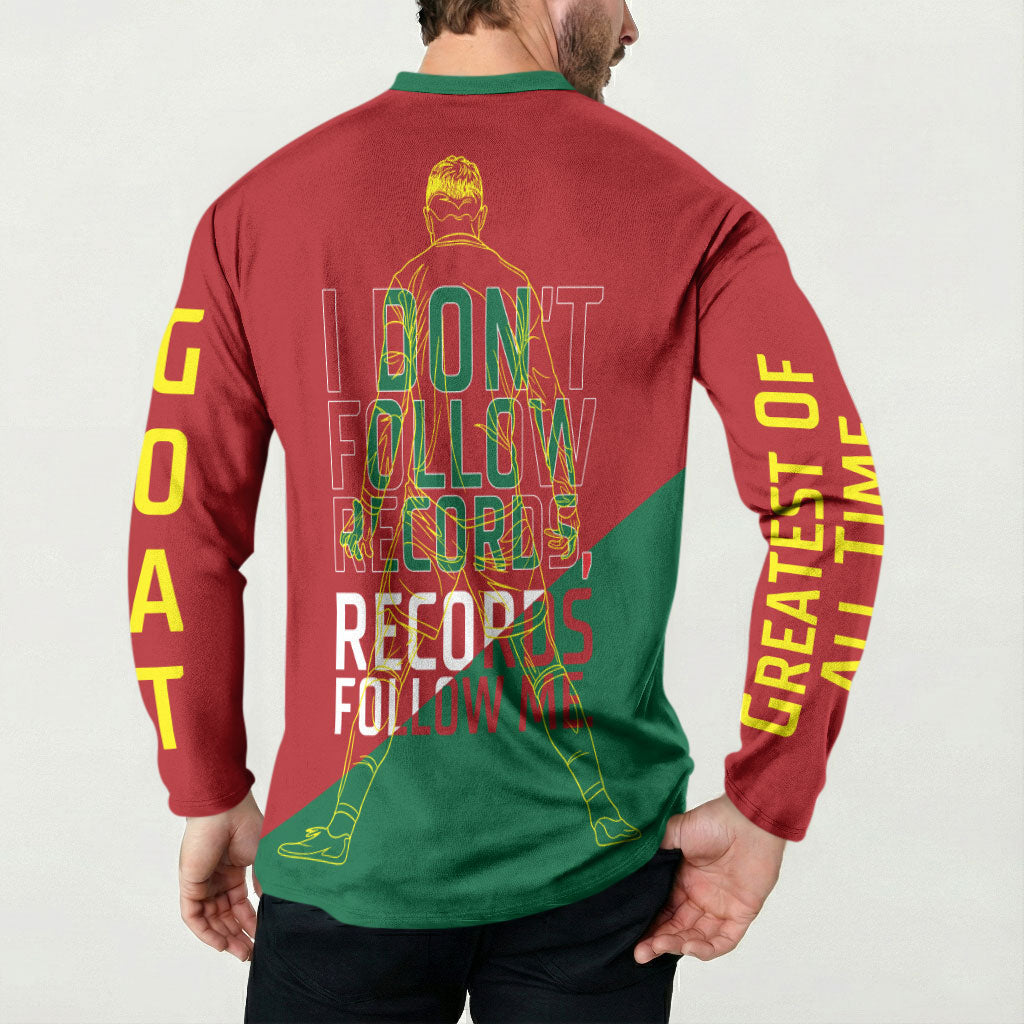 Portugal Football Number 7 GOAT Button Sweatshirt Records Follow Me Sports Quote Line Art