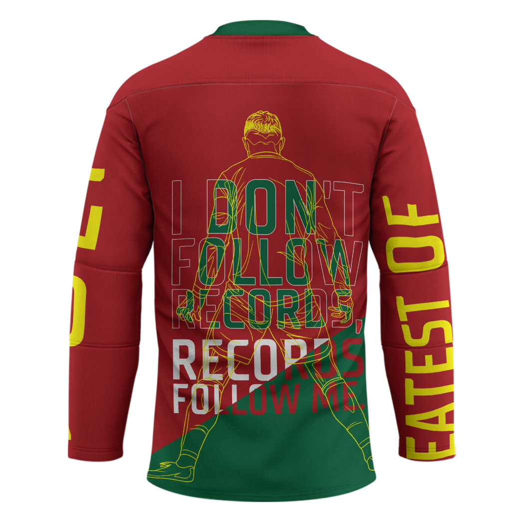 Portugal Football Number 7 GOAT Hockey Jersey Records Follow Me Sports Quote Line Art