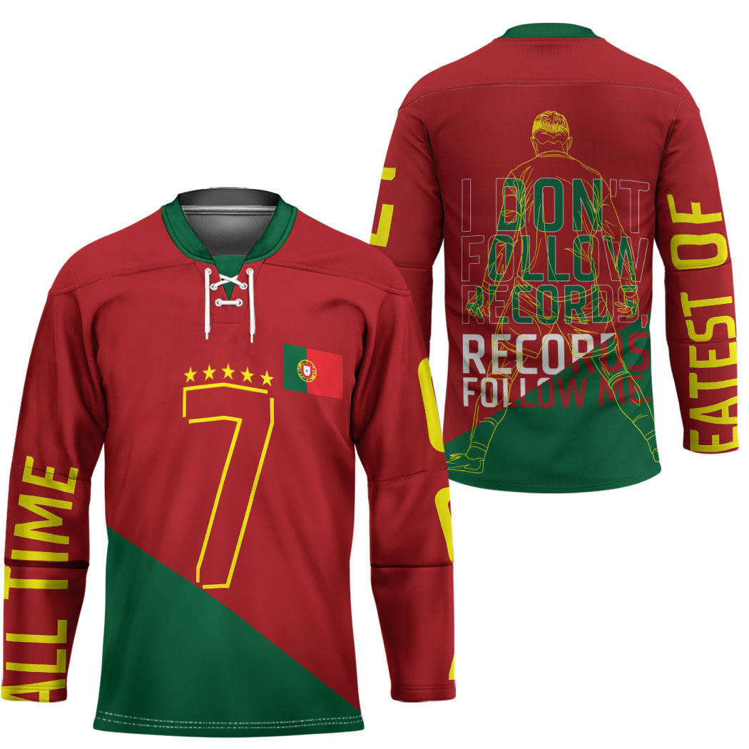 Portugal Football Number 7 GOAT Hockey Jersey Records Follow Me Sports Quote Line Art