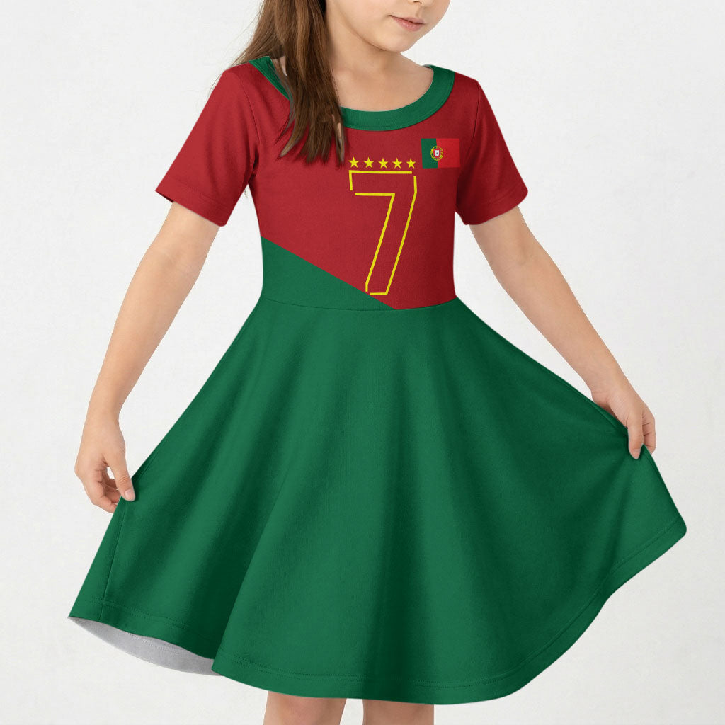 Portugal Football Number 7 GOAT Kid Short Sleeve Dress Records Follow Me Sports Quote Line Art