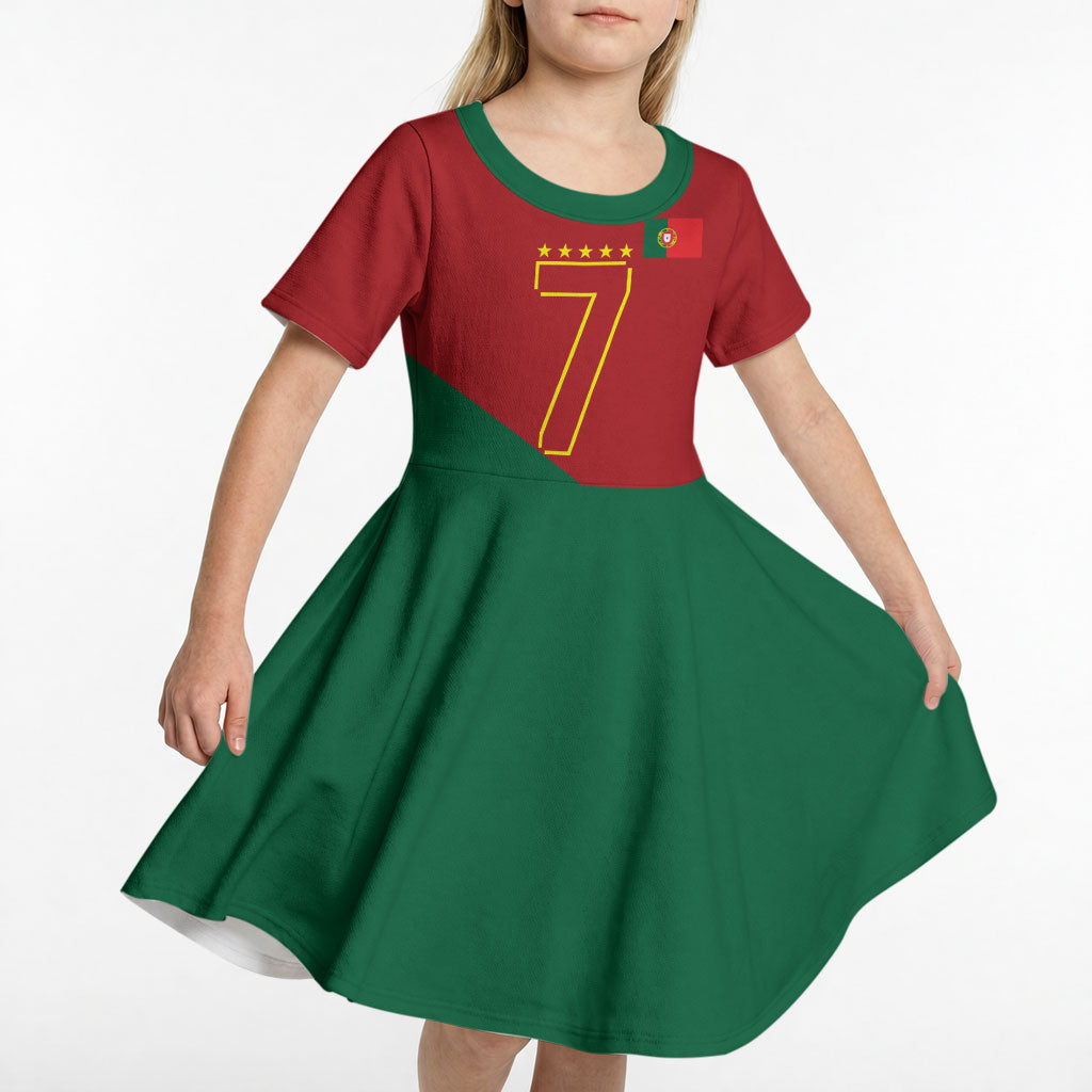 Portugal Football Number 7 GOAT Kid Short Sleeve Dress Records Follow Me Sports Quote Line Art
