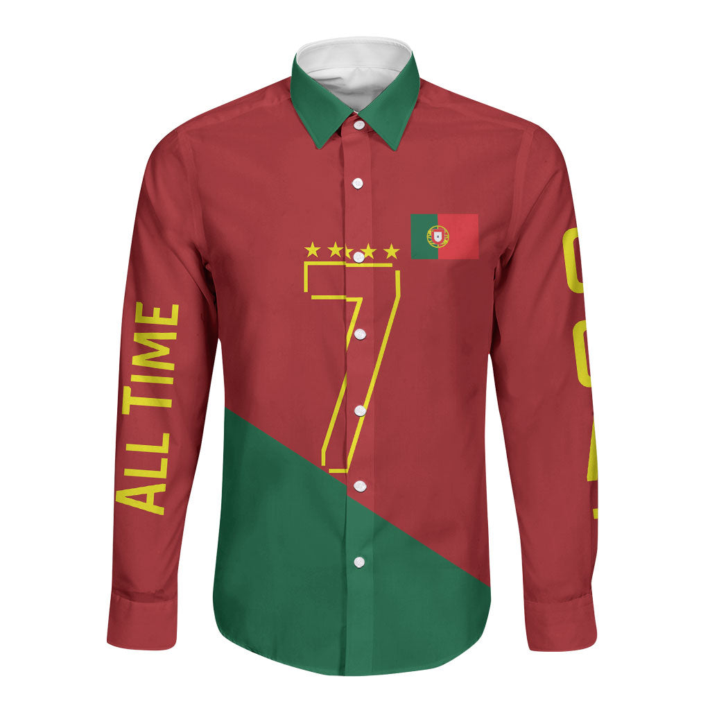 Portugal Football Number 7 GOAT Long Sleeve Button Shirt Records Follow Me Sports Quote Line Art