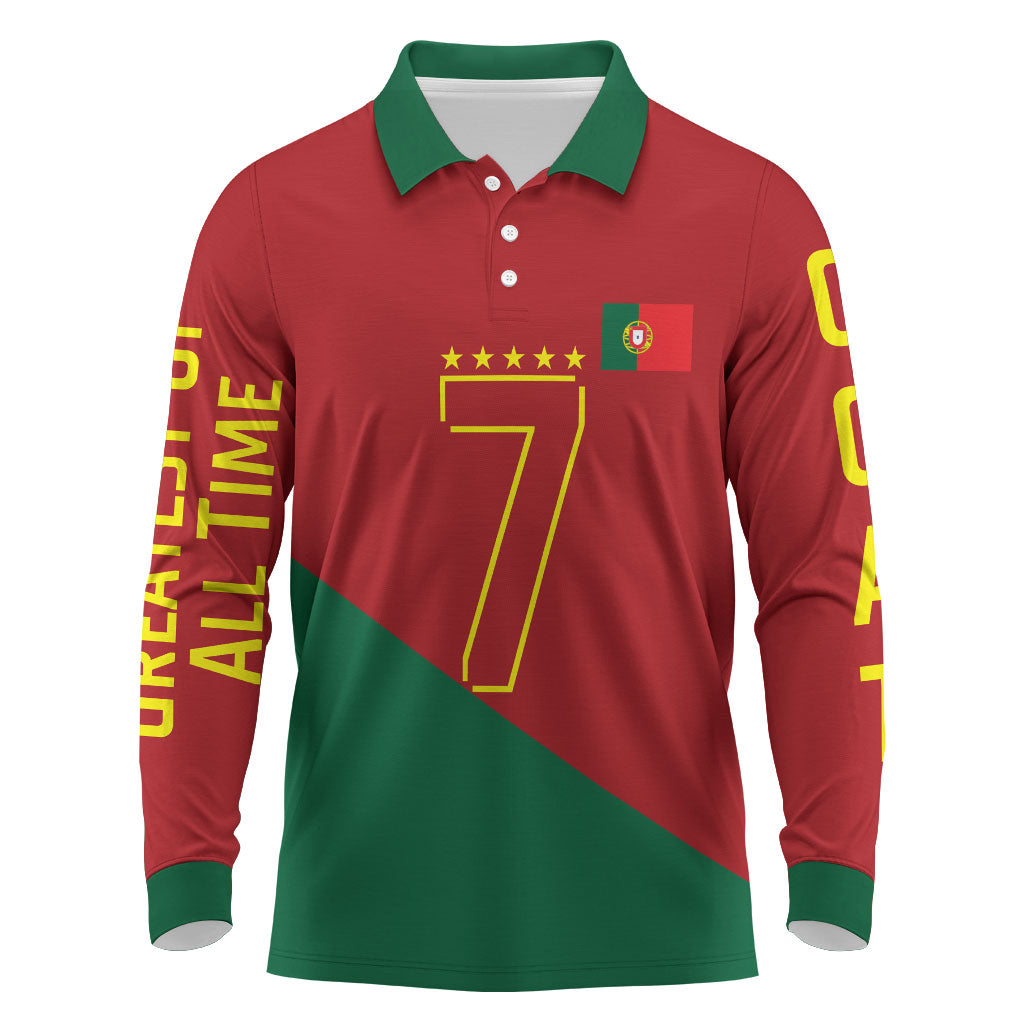 Portugal Football Number 7 GOAT Long Sleeve Polo Shirt Records Follow Me Sports Quote Line Art
