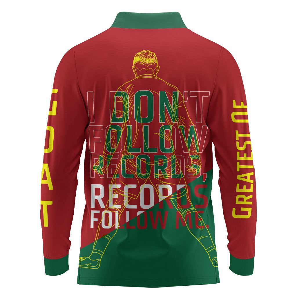 Portugal Football Number 7 GOAT Long Sleeve Polo Shirt Records Follow Me Sports Quote Line Art