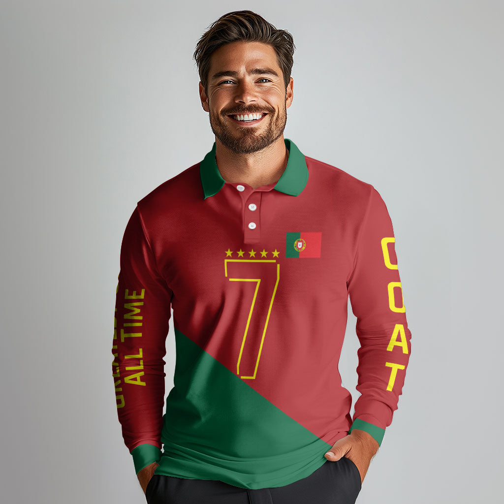 Portugal Football Number 7 GOAT Long Sleeve Polo Shirt Records Follow Me Sports Quote Line Art