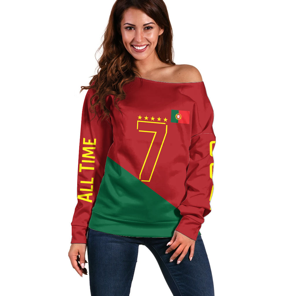 Portugal Football Number 7 GOAT Off Shoulder Sweater Records Follow Me Sports Quote Line Art