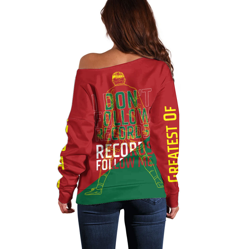 Portugal Football Number 7 GOAT Off Shoulder Sweater Records Follow Me Sports Quote Line Art