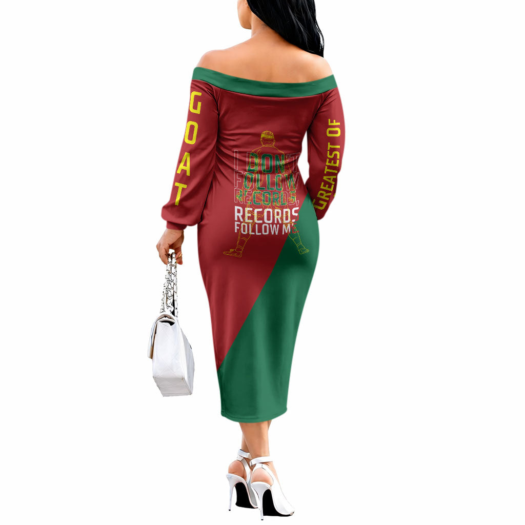 Portugal Football Number 7 GOAT Off The Shoulder Long Sleeve Dress Records Follow Me Sports Quote Line Art