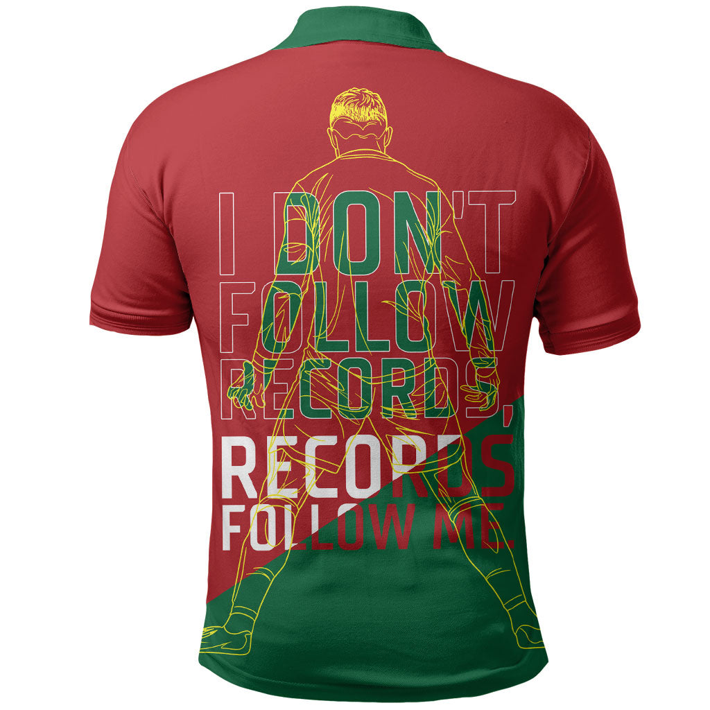 Portugal Football Number 7 GOAT Polo Shirt Records Follow Me Sports Quote Line Art