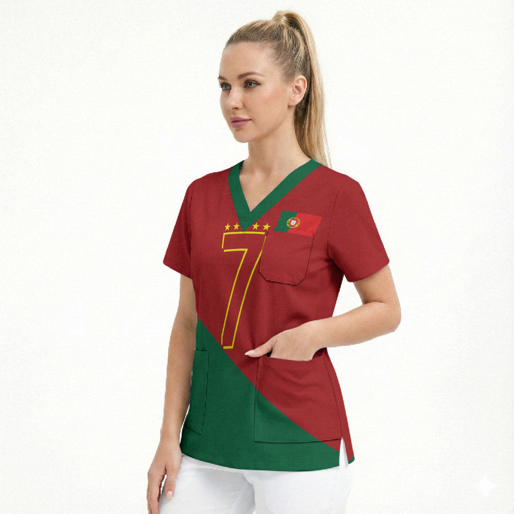 Portugal Football Number 7 GOAT Scrub Top Records Follow Me Sports Quote Line Art