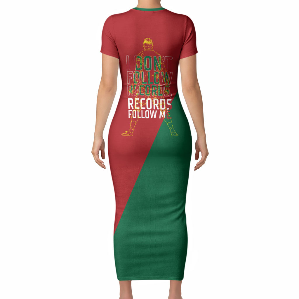Portugal Football Number 7 GOAT Short Sleeve Bodycon Dress Records Follow Me Sports Quote Line Art