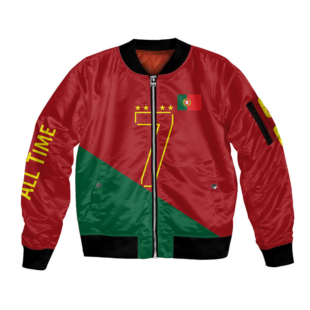 Portugal Football Number 7 GOAT Sleeve Zip Bomber Jacket Records Follow Me Sports Quote Line Art