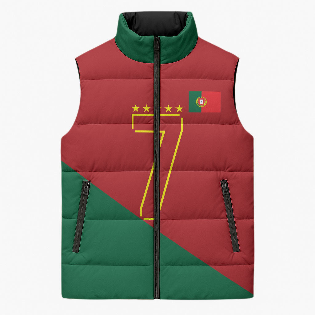 Portugal Football Number 7 GOAT Sleeveless Puffer Jacket Records Follow Me Sports Quote Line Art