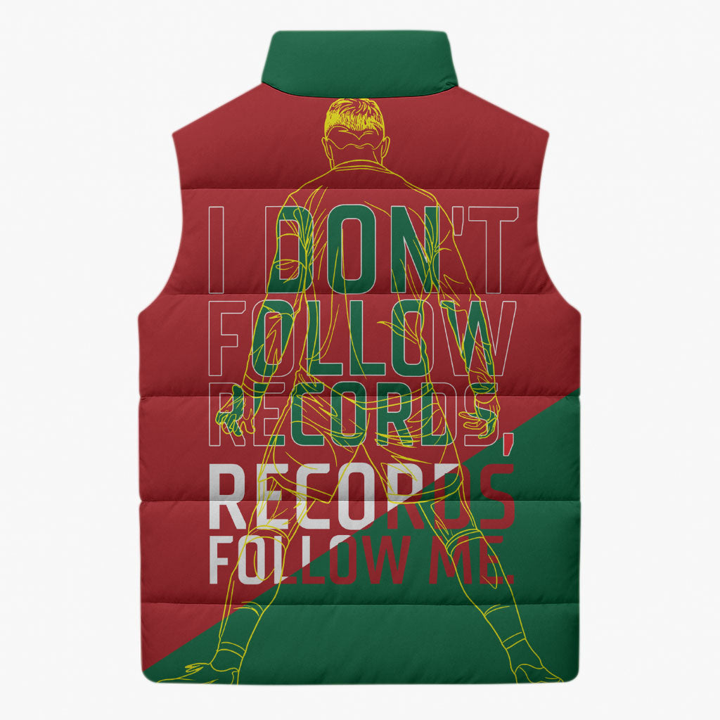 Portugal Football Number 7 GOAT Sleeveless Puffer Jacket Records Follow Me Sports Quote Line Art