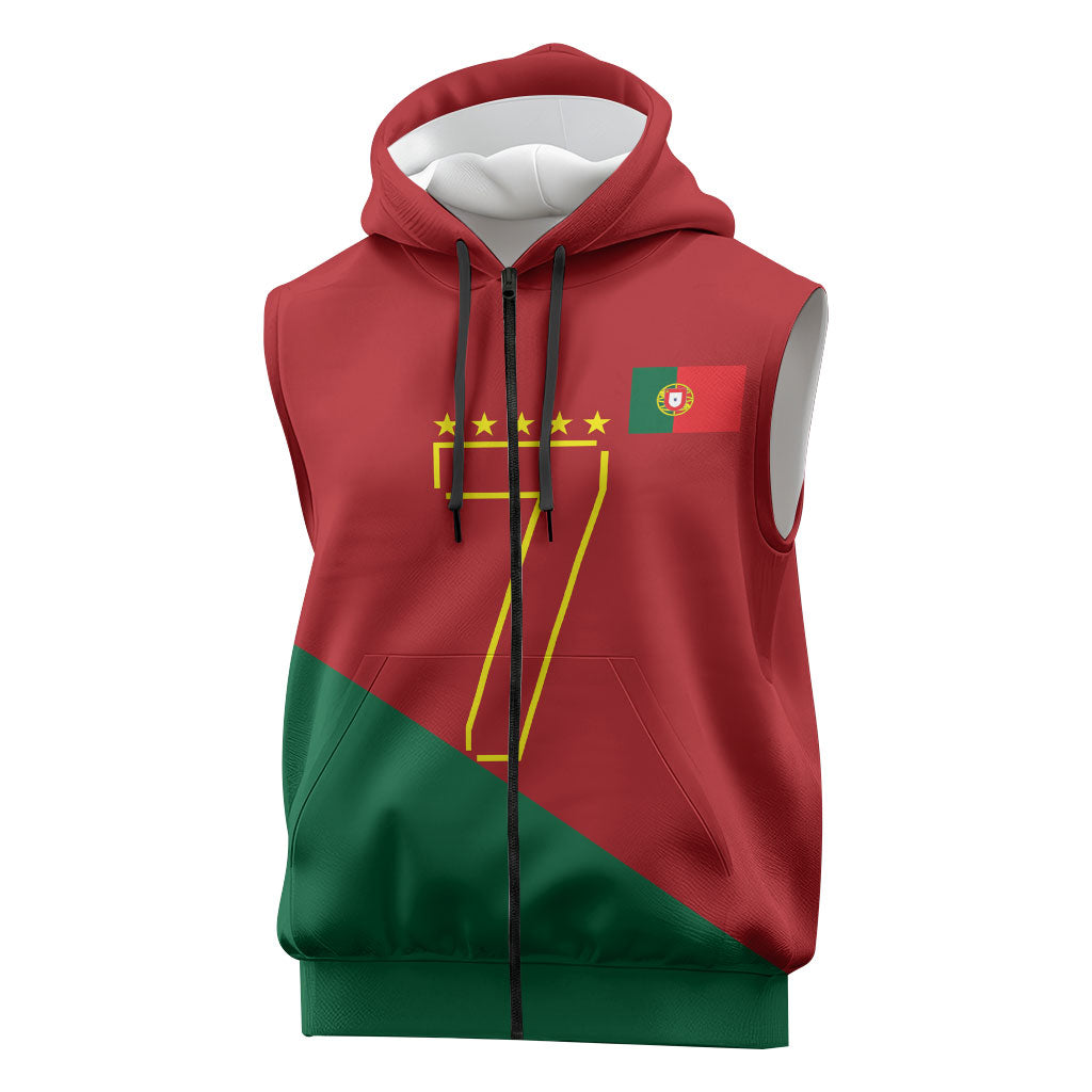 Portugal Football Number 7 GOAT Sleeveless Zip Hoodie Records Follow Me Sports Quote Line Art