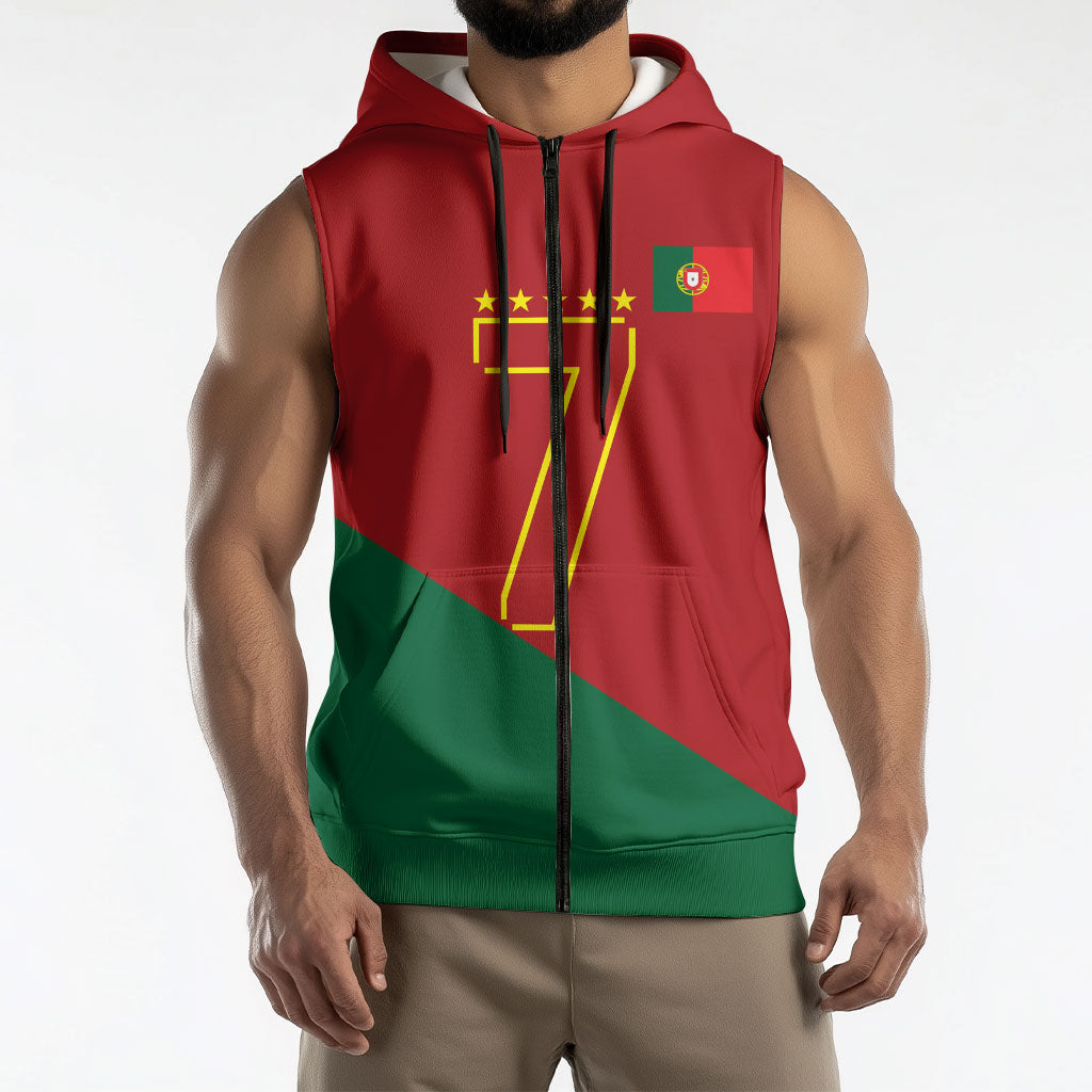 Portugal Football Number 7 GOAT Sleeveless Zip Hoodie Records Follow Me Sports Quote Line Art