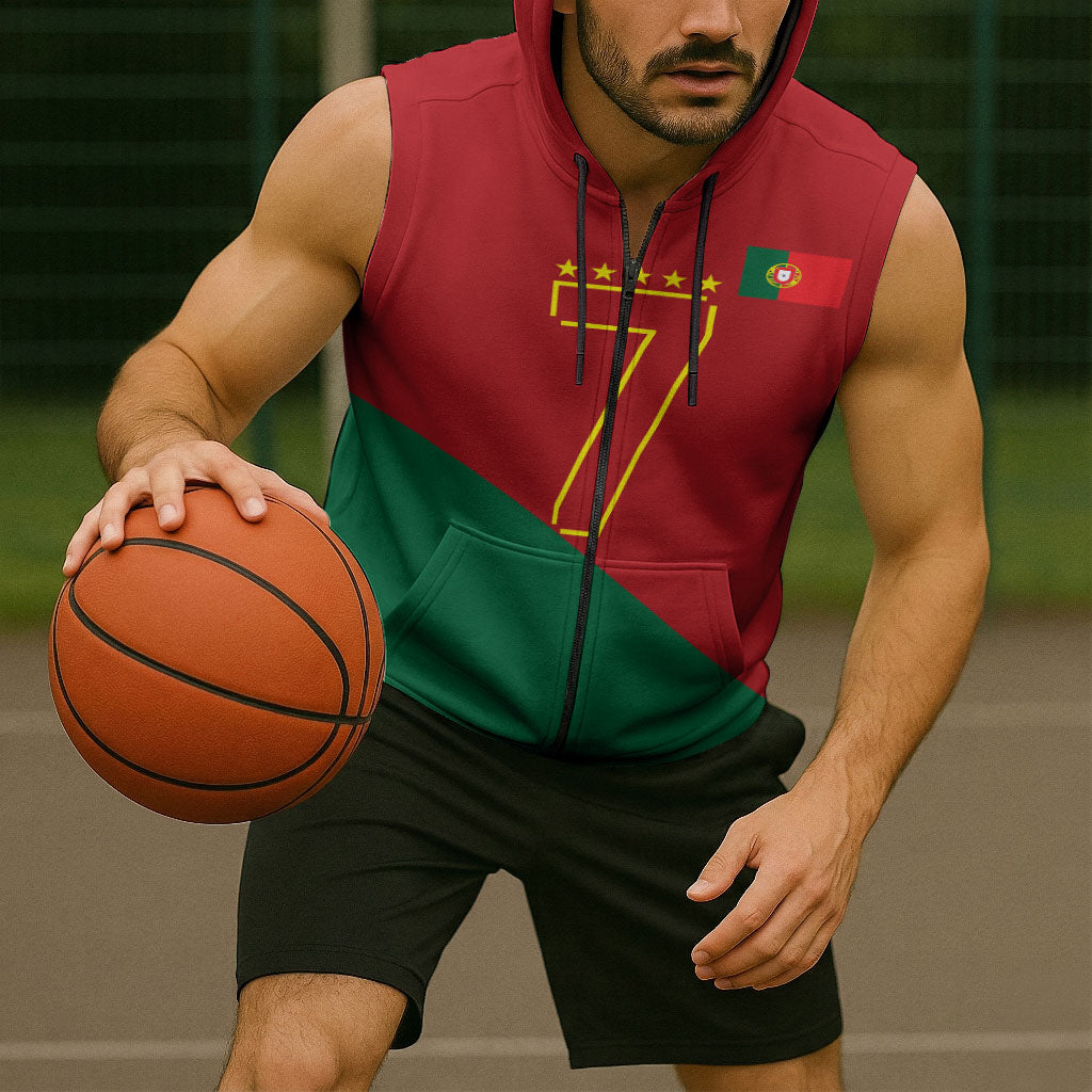 Portugal Football Number 7 GOAT Sleeveless Zip Hoodie Records Follow Me Sports Quote Line Art