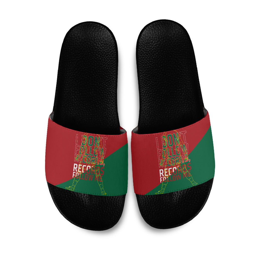 Portugal Football Number 7 GOAT Slide Sandals Records Follow Me Sports Quote Line Art