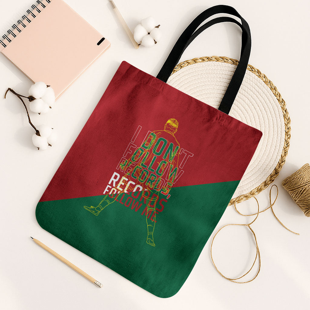 Portugal Football Number 7 GOAT Tote Bag Records Follow Me Sports Quote Line Art