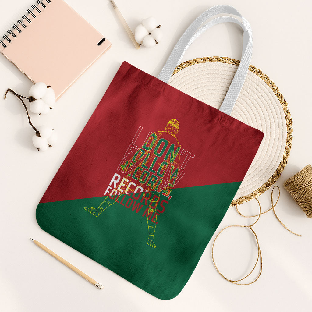 Portugal Football Number 7 GOAT Tote Bag Records Follow Me Sports Quote Line Art
