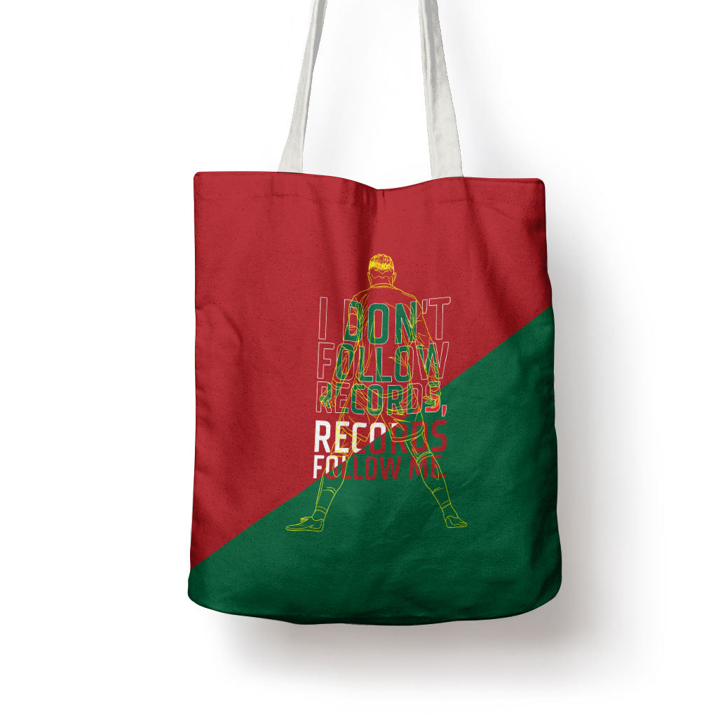Portugal Football Number 7 GOAT Tote Bag Records Follow Me Sports Quote Line Art