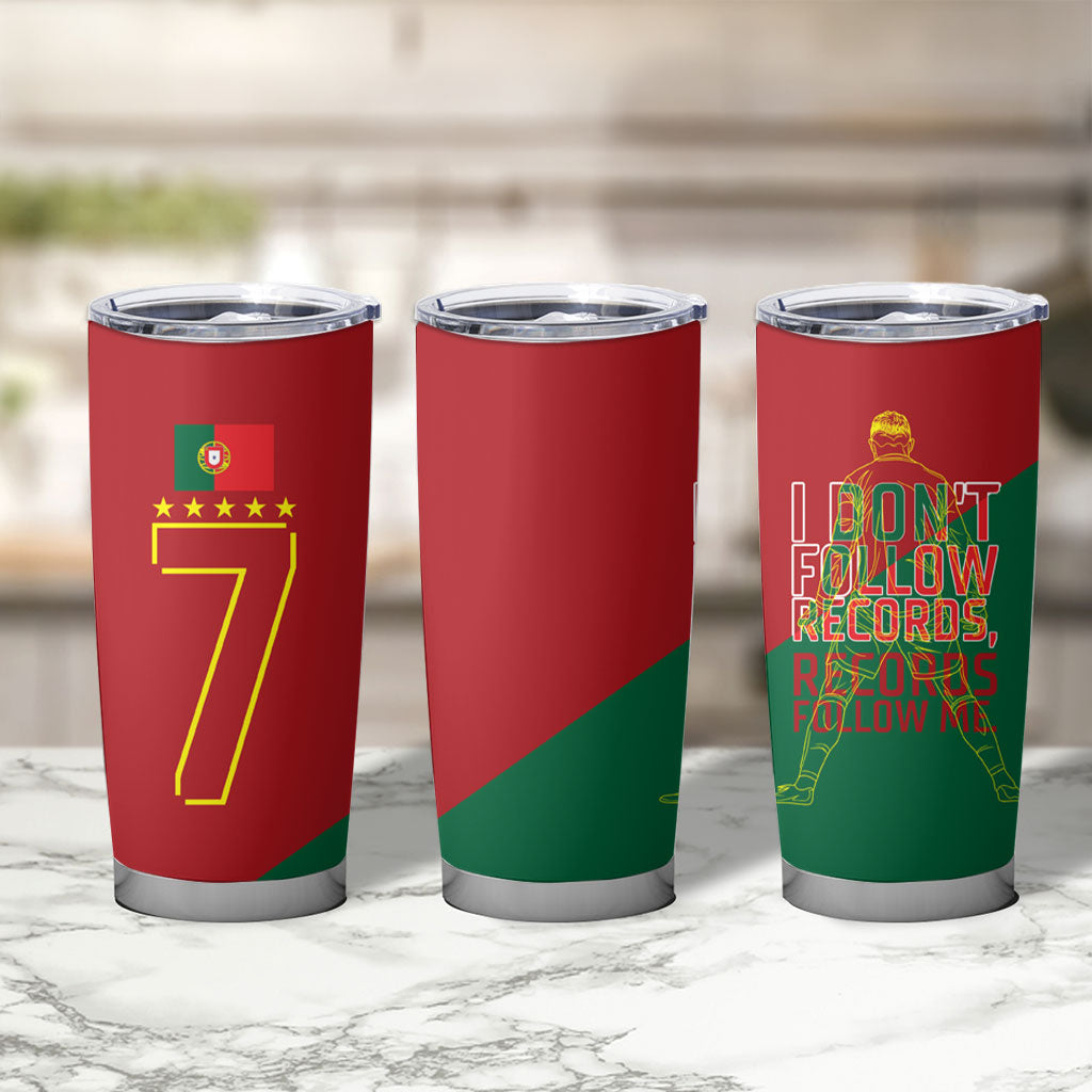 Portugal Football Number 7 GOAT Tumbler Cup Records Follow Me Sports Quote Line Art