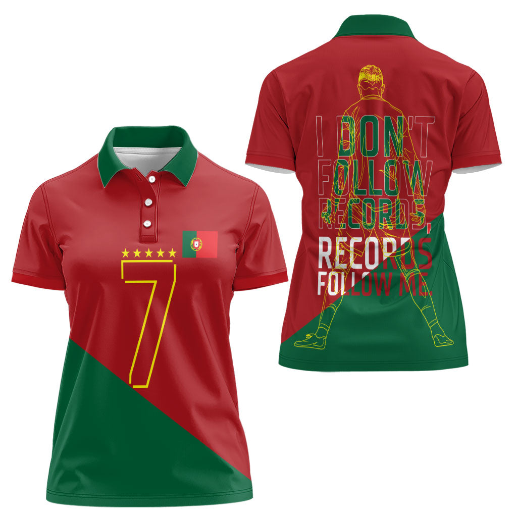 Portugal Football Number 7 GOAT Women Polo Shirt Records Follow Me Sports Quote Line Art