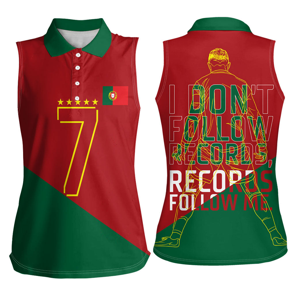 Portugal Football Number 7 GOAT Women Sleeveless Polo Shirt Records Follow Me Sports Quote Line Art