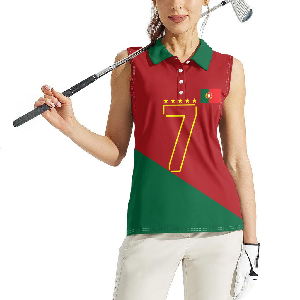 Portugal Football Number 7 GOAT Women Sleeveless Polo Shirt Records Follow Me Sports Quote Line Art