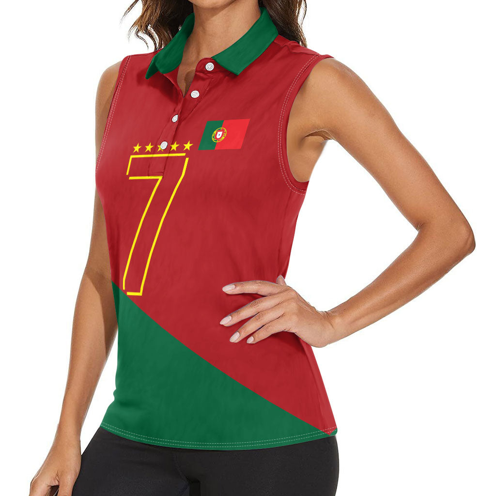 Portugal Football Number 7 GOAT Women Sleeveless Polo Shirt Records Follow Me Sports Quote Line Art