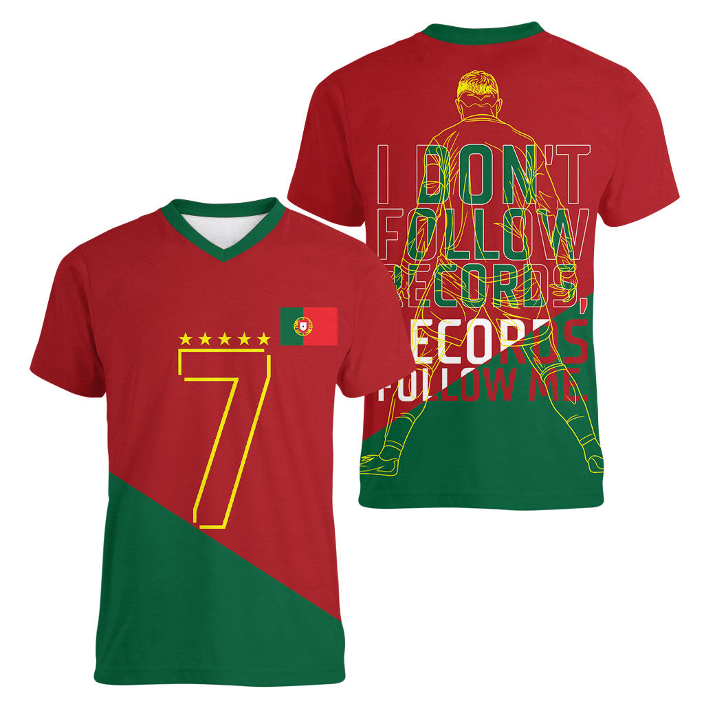 Portugal Football Number 7 GOAT Women V-Neck T-Shirt Records Follow Me Sports Quote Line Art