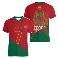 Portugal Football Number 7 GOAT Women V-Neck T-Shirt Records Follow Me Sports Quote Line Art