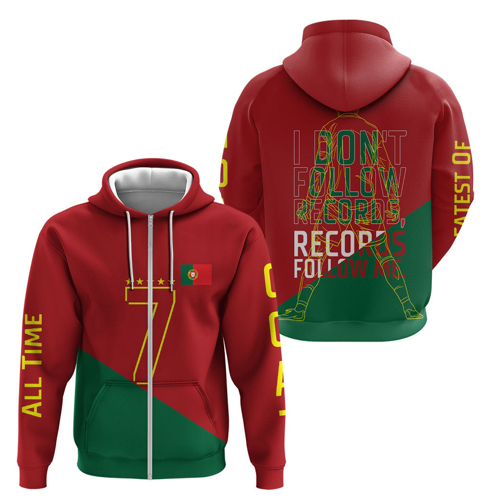 Portugal Football Number 7 GOAT Zip Hoodie Records Follow Me Sports Quote Line Art