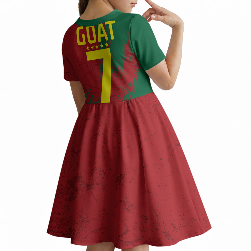 Portugal Football Kid Short Sleeve Dress Goat Number 7 Greatest Of All Time Abstract Grunge