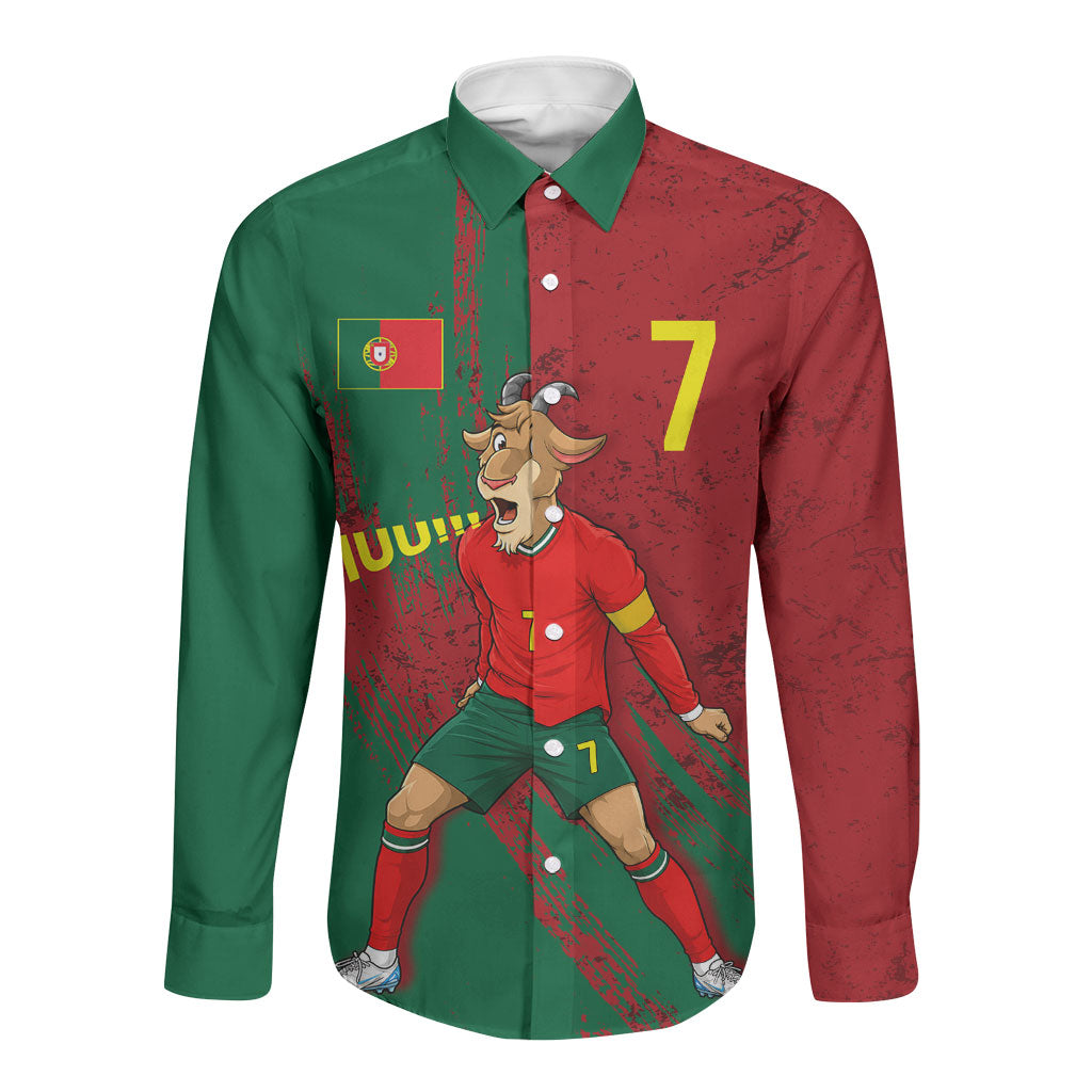 Portugal Football Long Sleeve Button Shirt Goat Number 7 Greatest Of All Time Abstract Grunge