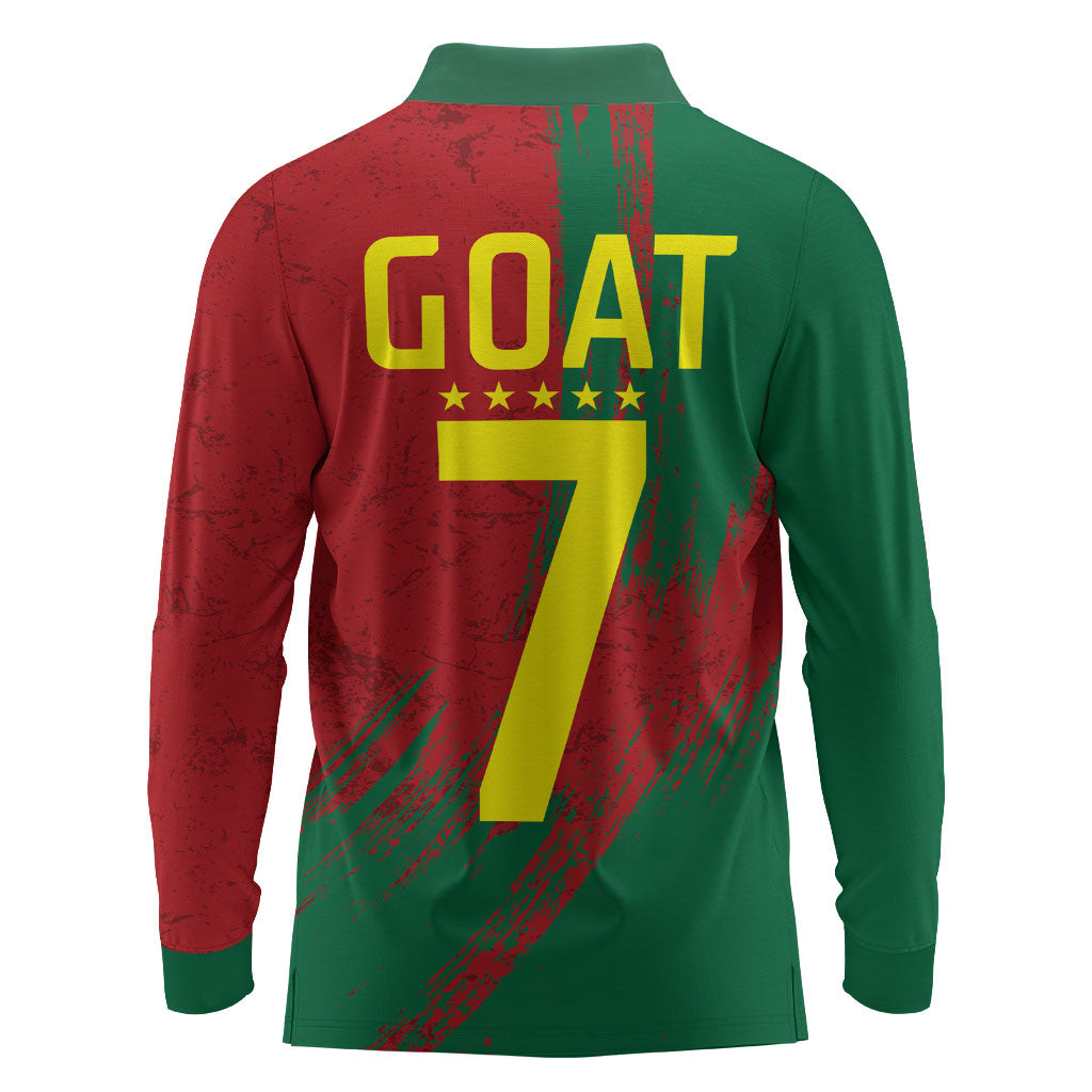 Portugal Football Long Sleeve Polo Shirt Goat Number 7 Greatest Of All Time Abstract Grunge