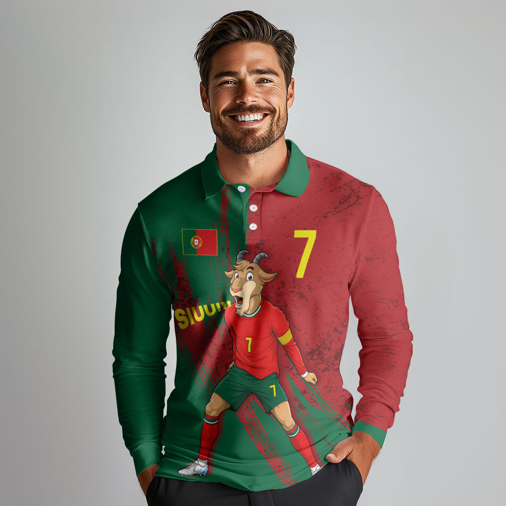 Portugal Football Long Sleeve Polo Shirt Goat Number 7 Greatest Of All Time Abstract Grunge