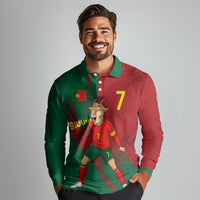 Portugal Football Long Sleeve Polo Shirt Goat Number 7 Greatest Of All Time Abstract Grunge