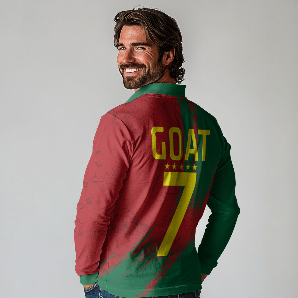 Portugal Football Long Sleeve Polo Shirt Goat Number 7 Greatest Of All Time Abstract Grunge
