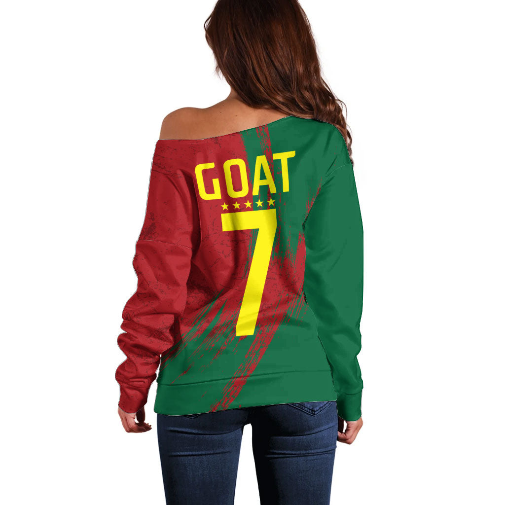Portugal Football Off Shoulder Sweater Goat Number 7 Greatest Of All Time Abstract Grunge