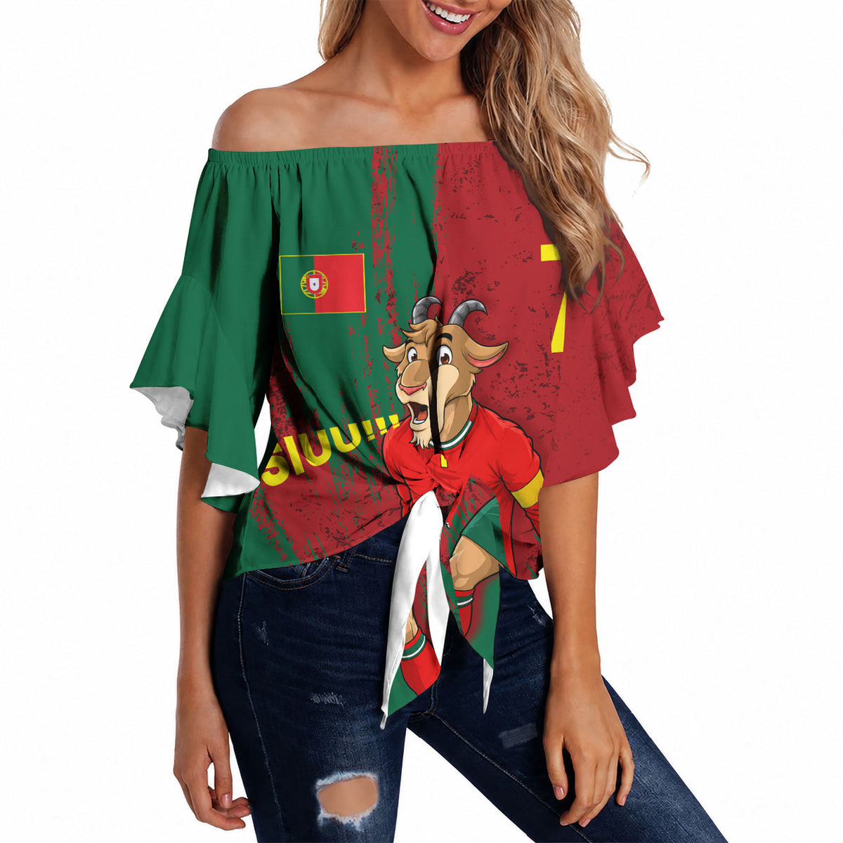Portugal Football Off Shoulder Wrap Waist Top Goat Number 7 Greatest Of All Time Abstract Grunge