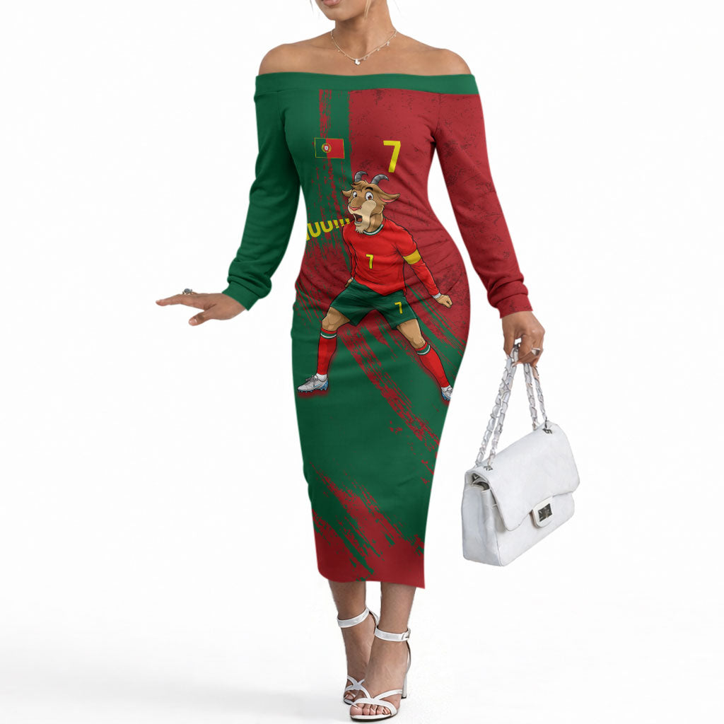 Portugal Football Off The Shoulder Long Sleeve Dress Goat Number 7 Greatest Of All Time Abstract Grunge
