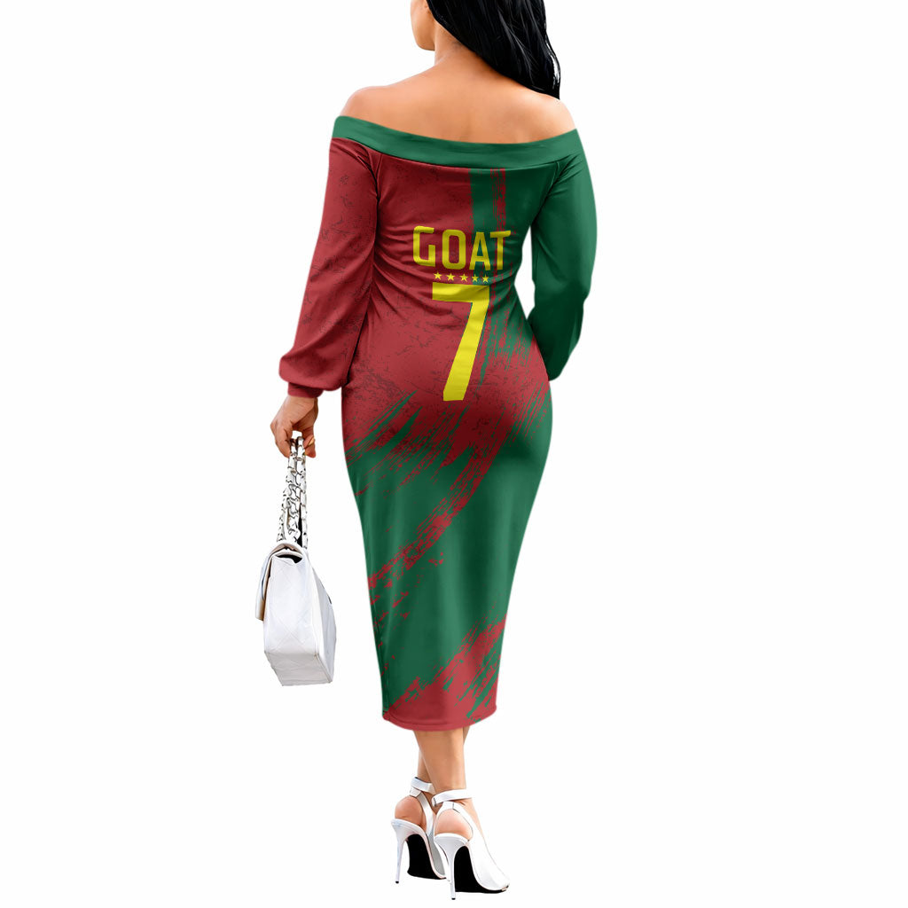 Portugal Football Off The Shoulder Long Sleeve Dress Goat Number 7 Greatest Of All Time Abstract Grunge