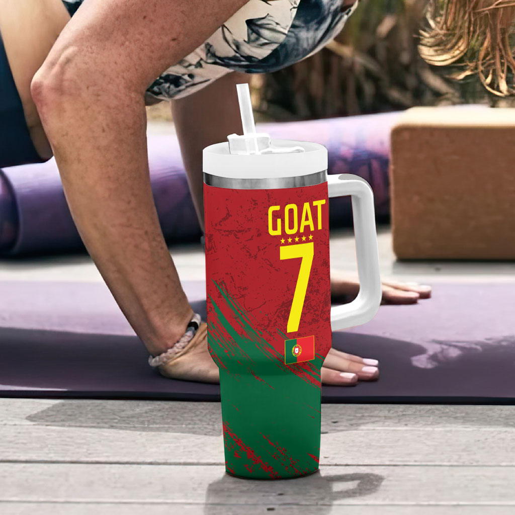 Portugal Football Tumbler With Handle Goat Number 7 Greatest Of All Time Abstract Grunge